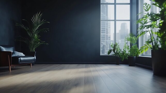 Modern Interior with Hardwood Floor, City View, and Potted Plants