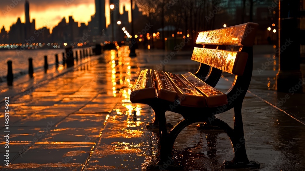 Aufkleber bench is sitting on a wet sidewalk near a body of water. the bench is empty and the water is calm. t