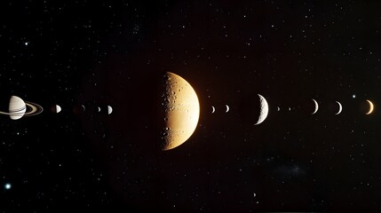 Solar System with Moons: The solar system with major moons of each planet visible, such as Titan orbiting Saturn and Europa near Jupiter. 
