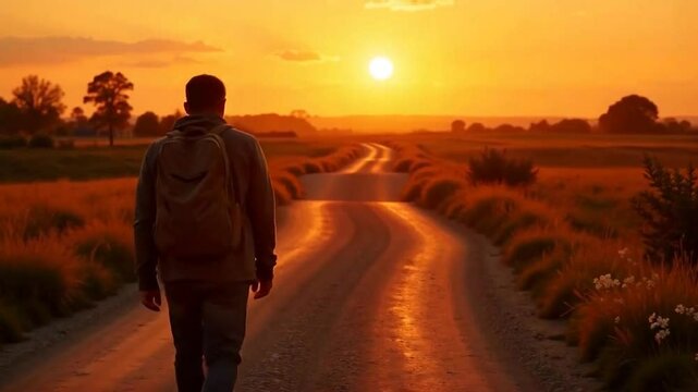 Man Walking Down a Country Road at Sunset