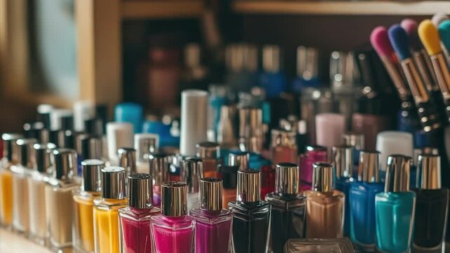 Colorful nail polish bottles organized on a wooden shelf