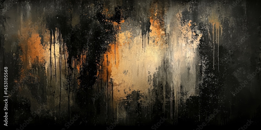Poster black and orange painting with splatters of paint. the painting is abstract and has a moody atmosphe