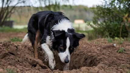Fototapeta premium A black and white Border Collie dog digging a hole in the ground with determination. The dog's paws are in the air and its tongue is sticking out