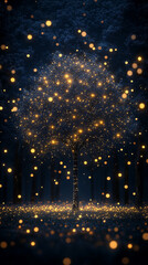 A digital forest with an AI tree featuring circuit board connections, symbolizing the fusion of nature and technology, innovation, and the future of artificial intelligence