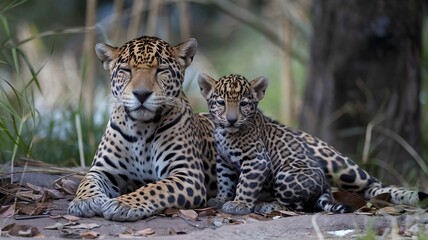 Two Jaguars portrait, adult jaguar with baby jaguar sitting close together. This photo represents the bond and intimacy between mother and baby jaguar