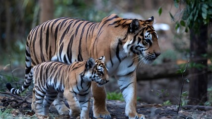 Fototapeta premium A majestic tiger and her cub walking through the jungle, showing the bond between mother and child