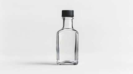 Sitting on a white background is a glass bottle filled with milk, which is clear and topped with a black lid