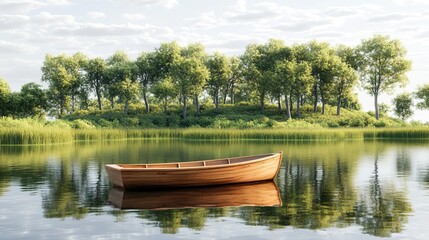 Obraz premium The boat rests calmly in serene water, reflecting the surrounding trees