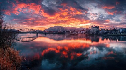 Naklejka premium Dramatic sunset reflection over a tranquil river town.