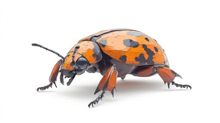 Naklejka premium Closeup macro shot of a vibrant orange and black spotted ladybug insect showcasing its intricate shell and geometric patterns
