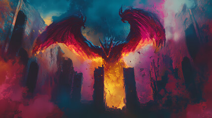 Defensive dragon at shattered ruin gate, wings raised and fire charged. [Neon Folklore] | Electric Spirits | charged legends. Illustration