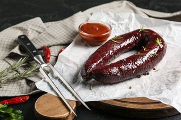 Composition with tasty blood sausage on dark background