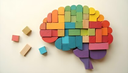 Colorful wooden block brain symbolizing autism spectrum and neurodiversity on light background, inclusive education and awareness concept for cognitive diversity