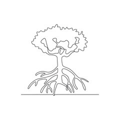 One continuous line drawing of business analogy for Growth Tree as symbolizes business growth from strong roots, sturdy trunk, to growing branches and leaves. Vector illustration for business concept.