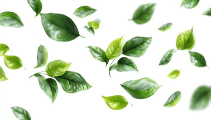 Floating green leaves on a white background.