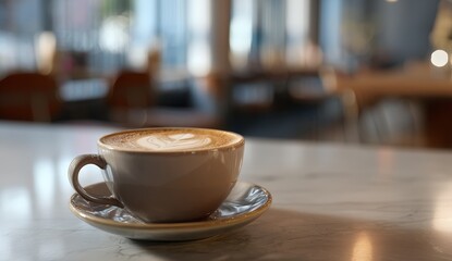 Obraz premium Warm latte on a marble cafe table, blurred background.