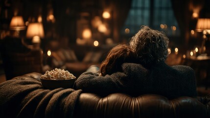 Cozy Evening with Popcorn and Warm Embrace in a Dimly Lit Room