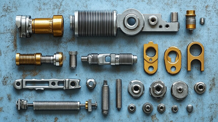Close-up of new metal car parts and automotive components, symbolizing precision and quality in auto engine repair, emphasizing the importance of spare parts for vehicle maintenance and efficiency