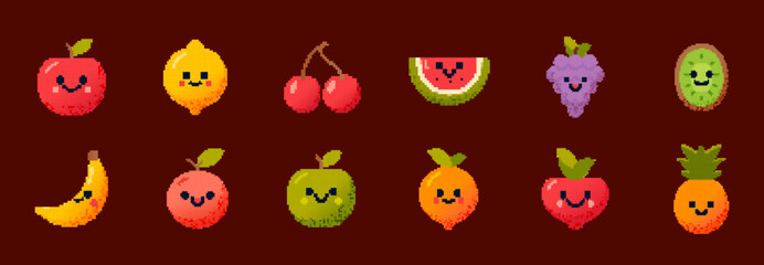 Fototapeta premium Cute pixel fruit set apple lemon cherry. Pixel character fruit watermelon kiwi and orange.