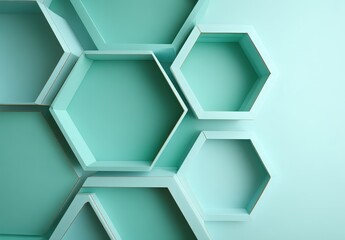 Modern hexagonal shelves on a mint wall.