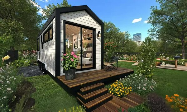 Charming Tiny House Exterior Surrounded by Lush Gardens and a City Skyline Backdrop