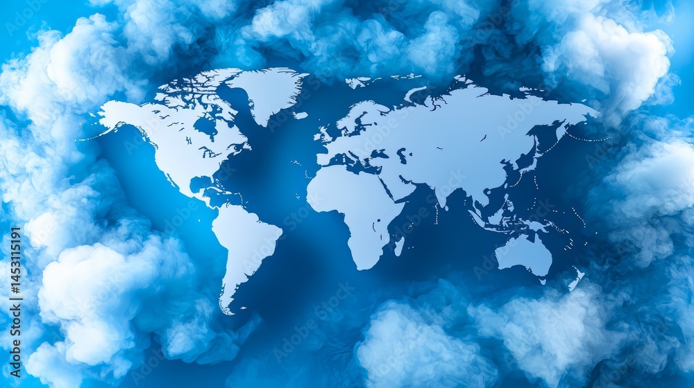 Poster blue sky with a world map on it. the sky is filled with clouds