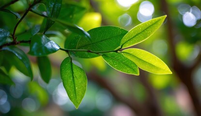 Obraz premium Fresh green leaves in sunlight, creating a tranquil and vibrant nature scene.