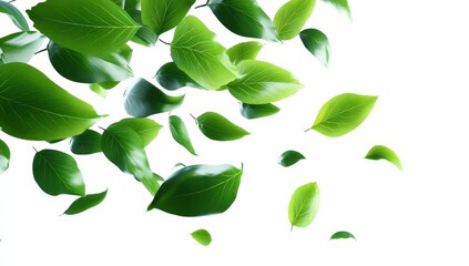 Naklejka premium Green leaves floating on white background.