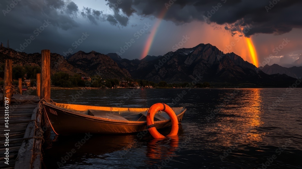 Poster boat is floating in a lake with a red buoy on the side. the sky is cloudy and the sun is setting
