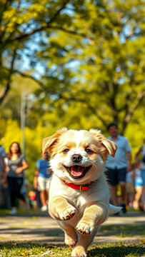 Joyful Fluffy Puppy Running Happily in Sunny Park