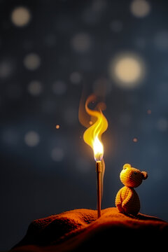 Textured Teddy Bear With Flaming Torch at Night