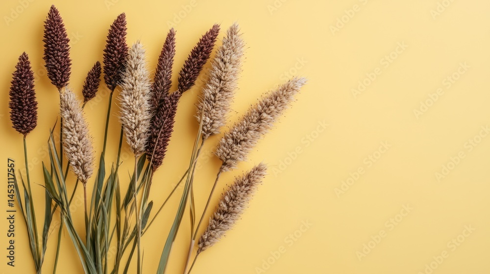 Aufkleber bunch of dried up flowers are on a yellow background. the flowers are arranged in a way that they ar