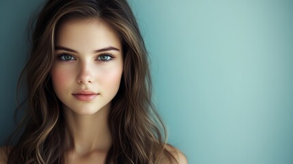 Naklejka premium The brunette woman has long smooth hair, is strong and healthy, and also has healthy and clean skin