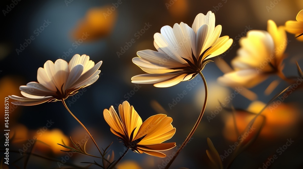 Poster close up of a bunch of white flowers with a blue background. the flowers are in full bloom and the s