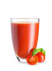 Glass of fresh tomato juice with basil on white background