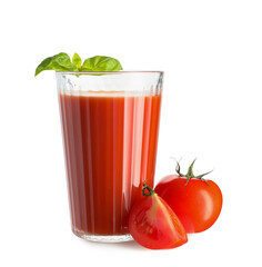 Glass of fresh tomato juice with basil on white background