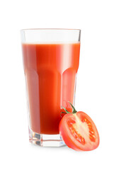 Glass of fresh tomato juice on white background