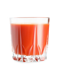 Glass of fresh tomato juice on white background