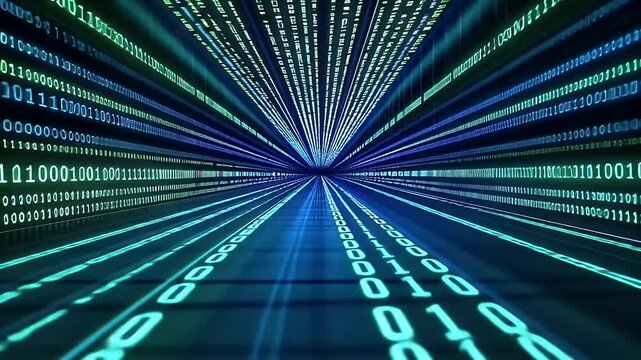 Abstract Digital Data Tunnel with Binary Code in Blue and Green Colors for Cyber and Technology Concepts