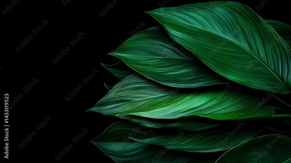 Poster Close up of green leaves on a black background. The leaves are arranged in a way that they seem to be overlapping each other, creating a sense of depth and dimension