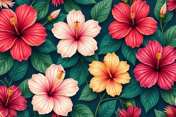 Bold hibiscus motif, repeating floral design, exotic feel, summer, art