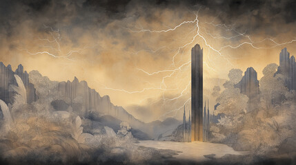 fantasy tower, lightning strike, stormy sky, magical energy, dark fantasy, mountain cliffs, ancient structure, mystical landscape, enchanted tower, dramatic lighting, high fantasy art, thunderstorm