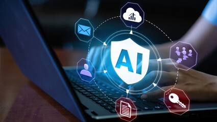 AI security and automated threat response. Artificial intelligence powered detection and prediction. Man using laptop computer with machine learning based network security system