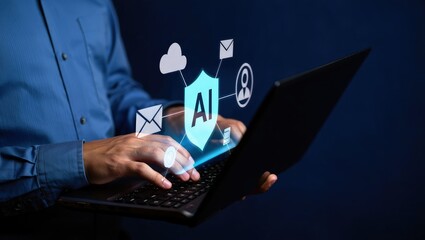 AI security and automated threat response. Artificial intelligence powered detection and prediction. Man using laptop computer with machine learning based network security system