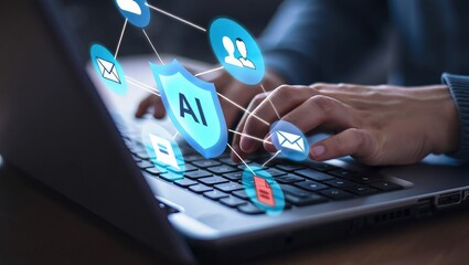 AI security and automated threat response. Artificial intelligence powered detection and prediction. Man using laptop computer with machine learning based network security system