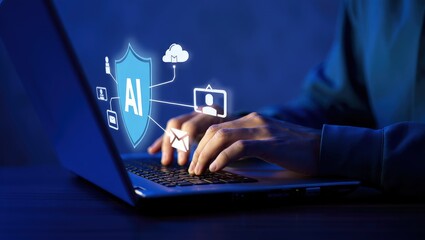 AI security and automated threat response. Artificial intelligence powered detection and prediction. Man using laptop computer with machine learning based network security system
