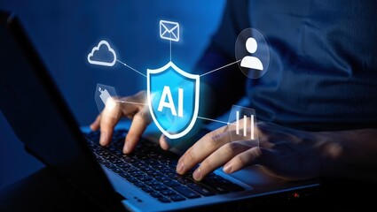 AI security and automated threat response. Artificial intelligence powered detection and prediction. Man using laptop computer with machine learning based network security system