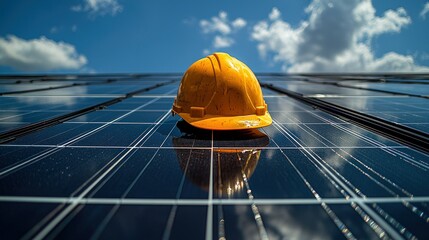Yellow hardhat on solar panels, blue sky, white clouds