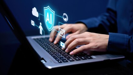 AI security and automated threat response. Artificial intelligence powered detection and prediction. Man using laptop computer with machine learning based network security system