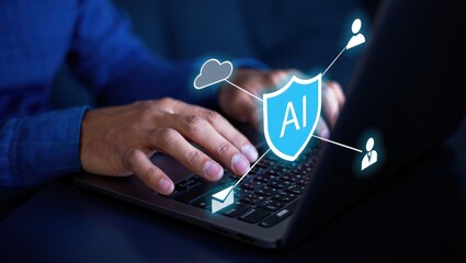 AI security and automated threat response. Artificial intelligence powered detection and prediction. Man using laptop computer with machine learning based network security system